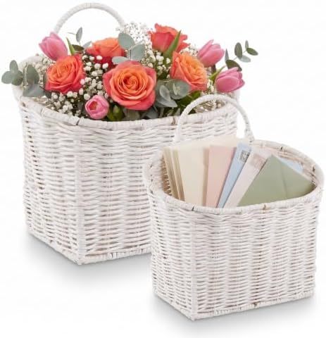 84ECO Set of 2 White Woven Paper Rope Hanging Baskets for Organizing, Front Door, Mail, Flowers by 84ECO