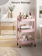 Booklov Rolling Makeup Cart Organizer, 3 Tier Utility Storage Cart, Pink - Image 7