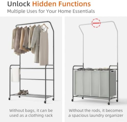 ROMOON Laundry Hamper Sorter Cart, 4 Section Organizer with Hanging Bar - Image 4
