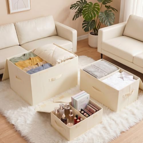 2 Pack Storage Boxes with Lids and Handles, Collapsible Linen Storage Bins Organizer Containers Baskets Cube with Removable Divider for Home Bedroom Closet Office (Black, XL) - Image 3