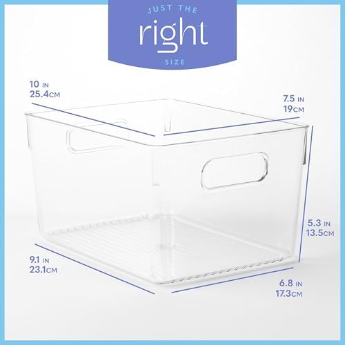 Plastic Food Storage 4 Pack Clear Container Bin with Handles for Organizing Kitchen, Pantry, Refrigerator, Freezer, Pantry, Cabinet, Closet, Bathroom. 10”x7.5”x5.3” - Image 3