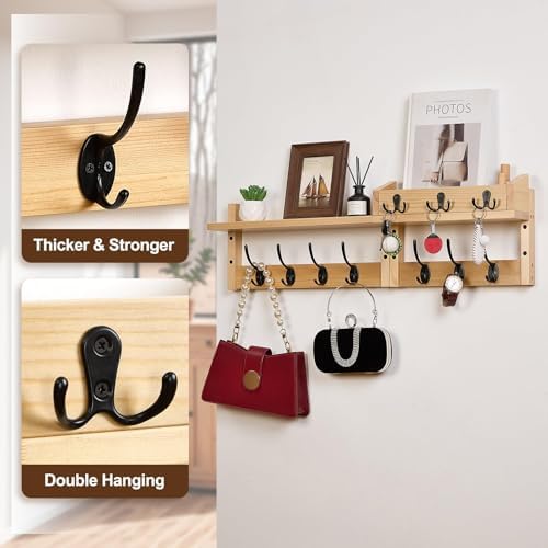 28.9" Wall Hanger Coat Rack Key Holder Wall Mount with Shelf,11Shelf with Coat Hooks Wall Mount, Coat Hangers for Bathroom, Living Room, Bedroom (Wood Color) - Image 5