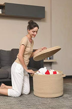 20x15 Inch Extra Large Round Cotton Rope Storage Basket with Lid, Decorative Woven Bin with Cover for Living Room Bedroom Closet, Beige - Image 4