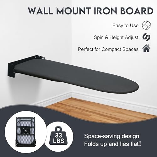 Wall Mounted Ironing Board,Space-Saving Compact Wall Mount Fold Down Iron Board for Laundry Room, 36" x 12", Black - Image 2