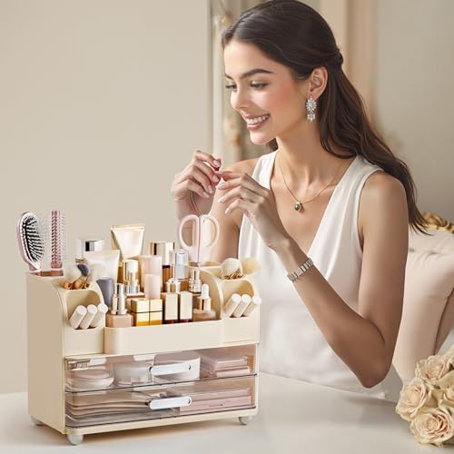 HBlife Makeup Organizer for Vanity with Brush Holder, Large Bathroom Countertop Cosmetic Organizer Skin Care Storage, Easy to Store Lipsticks, Nail Polishes, Perfumes, Eyeshadow Palettes, Beige - Image 6