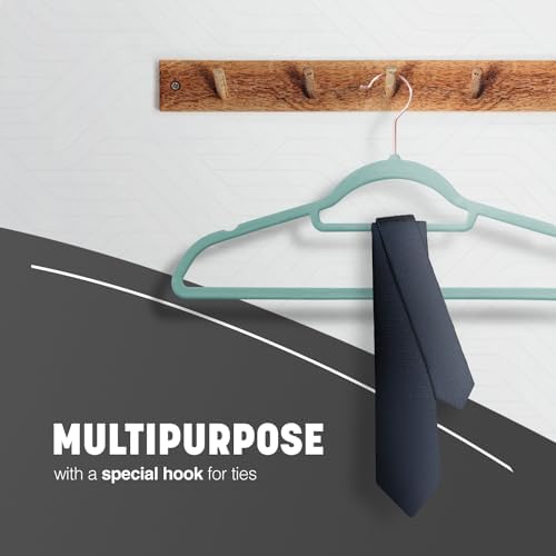 KEPLIN Velvet Hangers 30 Pack - Non-Slip Clothes Hangers with Tie Bar & 360° Hook - Durable & Sturdy, Space-Saving Wardrobe Organisers for Suits, Jackets & Clothes- Home Storage Solution (Mint Green) - Image 6