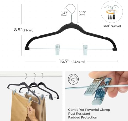 HOUSE DAY Velvet Pant Hangers with Adjudtable Clips 30 Pack, Black - Image 2