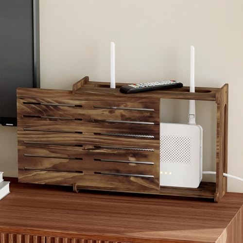 Wooden WiFi Router Storage Box Hider Shelf, Decorative Projector Box Hider Rack Countertop, for Cable, Modem, Internet, Router Power Cover Storage Organizer Cabinet Wall Mounted, Brown by Haidaiya