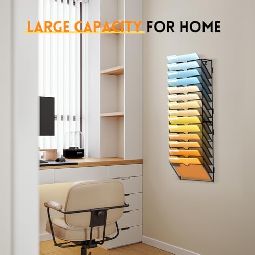 SUPEASY 14 Tier Wall File Organizer, Hanging Wall Mounted Mail Organizer with Label Slots, Metal Mesh File Holder Magazine Rack for Office, Home, School or Classroom, Black - Image 2