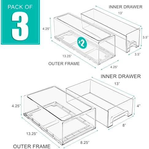 Sorbus Fridge Drawers - Clear Stackable Pull Out Refrigerator Organizer Bins - Food Storage Containers for Kitchen, Freezer, Vanity & Fridge (3 Pack | 1 Medium, 2 Small Stackable Drawer Bins) - Image 4
