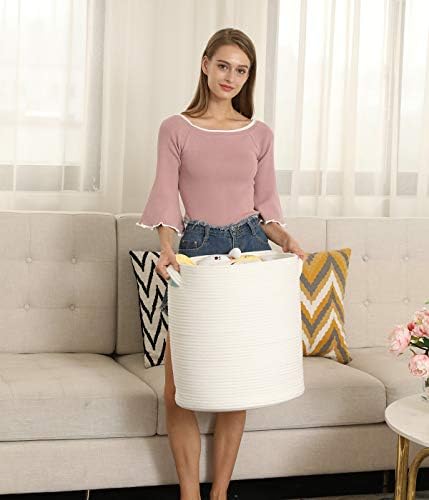 16x18 Inch Extra Large Round Cotton Rope Storage Basket with Lid, Decorative Woven Bin with Cover for Living Room Bedroom Closet, White - Image 6