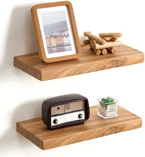 Floating Shelves for Wall, 16"Wx8"D Rustic Solid Elm Wood Floating Shelves Wall Mounted, Round Edge Wall Shelves with Invisible Bracket for Living Room Bathroom Bedroom Kitchen, Set of 2, Natural by FLYJOE