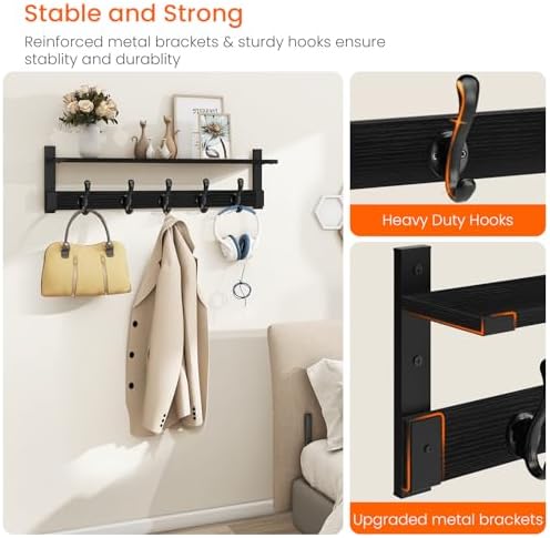 Homode Coat Hanger Wall Mount with Shelf, Hanging Rack with Storage, Black - Image 2