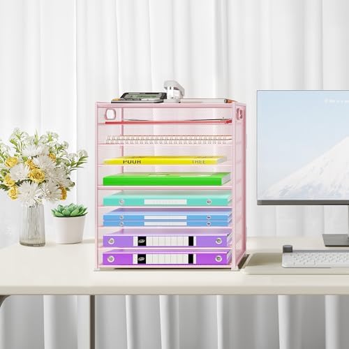 Cawukege 9 Tier Paper Organizer with Handle, Large Capacity Desk Organizer Mesh Paper Letter Tray File Folder Document Sorter for Classroom and Office Accessories Organization- Pink (2 Pack) - Image 6