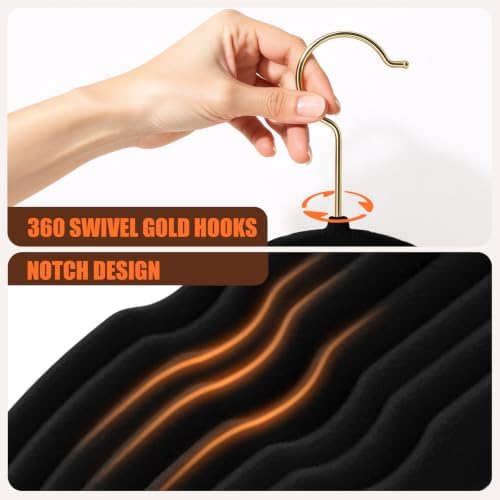Flottian 60 Pack Black Velvet Hangers Non Slip,Felt Hangers with Gold Hook - Image 3