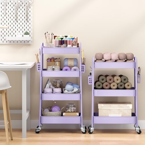 TOOLF 4 Tier Rolling Cart, Metal Utility Storage Cart with Pegboard, Purple - Image 2