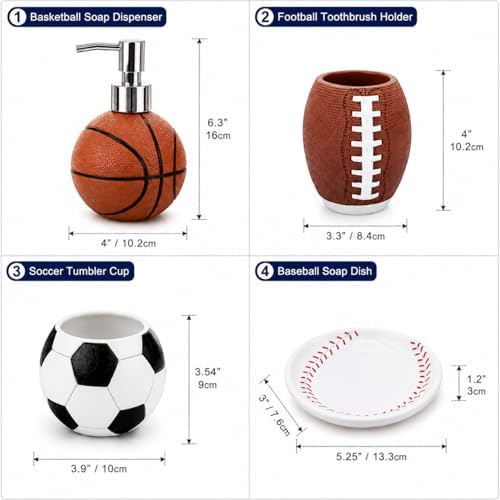 4-Piece Sports Bathroom Accessories Set Complete with Basketball Lotion/Soap Dispenser,Soccer Bath Cup/Tumbler,Base Ball Soap Dish,Football Toothbrush Holder - Image 2