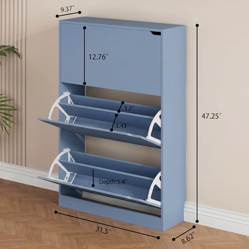 Shoe Storage Cabinet, Wood Shoe Organizer for Entryway with 3 Flip Drawers, Freestanding Shoe Rack with Adjustable Shelf, Narrow Shoe Dresser for Front Door Entrance (Blue, Standard 3 Drawers) - Image 2