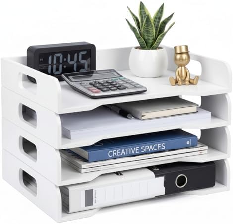 Yinkin Wooden Stackable Paper Trays 4-Tier Wooden Paper Organizer for Desk Letter Documents Woodens Desktop File Organizers for Desktop File Holder and Office Supplies Rack for Home Office Use(White) by Yinkin