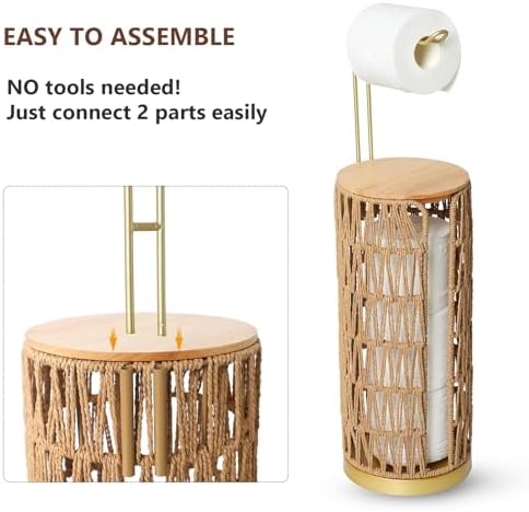 Trongee Freestanding Toilet Paper Holder with Storage,Goldn Handmade Woven Toilet Paper Roll Holder Stand,3 Rolls of Tissue Holder for Bathroom,Rattan Sturdy Boho Bathroom Toilet Paper Storage - Image 5
