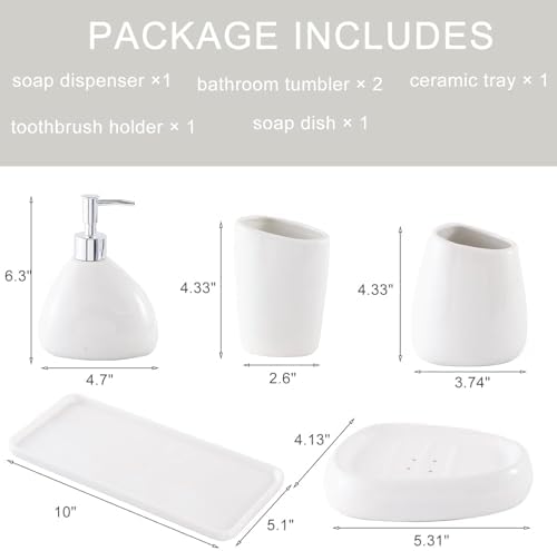 Ceramic Bathroom Accessory Set with Ceramic Tray, 6 Pieces Bathroom Countertop Accessory Set, Include Soap Dispenser, Toothbrush Holder, 2 Tumbler, Soap Dish, Vanity Tray,White - Image 2