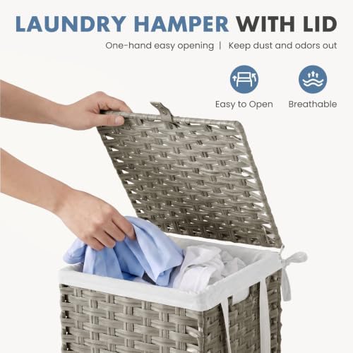 DUMOS Laundry Basket with Lid, 65L Wicker Laundry Hampers, Dove Gray - Image 2