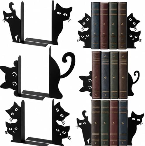 Flutesan 6 Pcs Black Cat Metal Bookends Peeping Cat Book Ends for Shelves by Flutesan