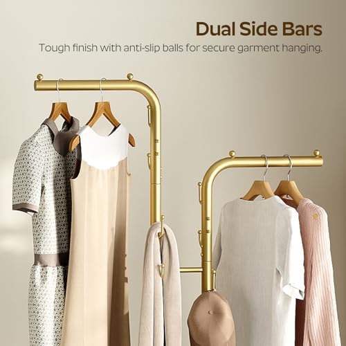 YATINEY Gold Coat Hanger Stand, Floor Standing Coat Rack, Entryway Coat Tree with 8 Hooks and Marble-Look Base, Modern Double-Pole Metal Clothes Rack for Entrance, Living Room, Bedroom, YM02DWY1 - Image 4
