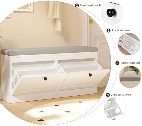 VOWNER Shoe Bench with 2 Flip Drawers, Shoe Organizer Storage Bench with Adjustable Shelves for Entryway, Hallway, Living Room (White) - Image 4