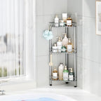 SWTYMIKI Standing Shower Caddy Corner - 3‑Tier Stainless Steel Shower Organizer Shelf with 12 Hooks and Adhesive Pads, Rustproof Corner Shelves Stand Rack for Bathroom Shower Room, Silver - Image 5