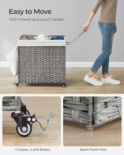 SONGMICS Rolling Laundry Hamper with Lid, 145 L 3-Section Synthetic Rattan - Image 4