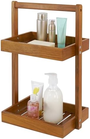 Utoplike Teak Wood Shower Caddy Corner, Bathroom Standing Rack Countertop by Utoplike