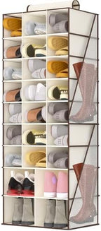 Hanging Shoe Organizer for Closet-Collapsible Storage Rack with 25 Sections & 4 Side Pockets, Hanging Shoe Shelves for Hats,and Clothes, Beige by VERONLY