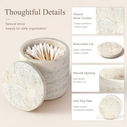 YMXYJM Marble Qtip Holder with Lid, Cotton Ball Bathroom Canister,Cream - Image 3