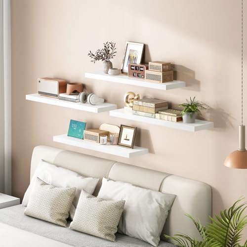 HOOBRO Floating Shelves for Wall, Wall Mounted Shelf Set of 2, 31.5" Hanging Shelf with Invisible Brackets, for Wall Decor Storage in Bathroom Bedroom Kitchen Living Room Office, White WT80BJP201 - Image 4