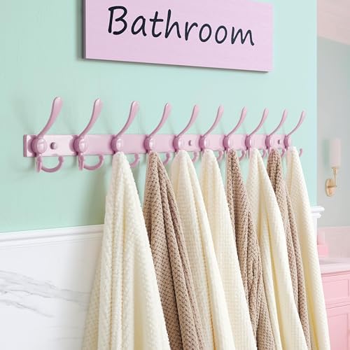 Dseap Coat Rack Wall Mount 37”, Heavy Duty 12-Gauge Base vs Flimsy 1mm, Double-Thick Anti-Snap Hooks, 16” Stud-Mount, Stainless Steel 10-Hook Hanger for Closet Entryway, Pink, Pack of 2 - Image 5