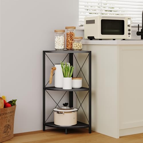 Snughome Corner Shelf with Metal Frame, 3 Tier Corner Storage Organizer, Freestanding Corner Bookshelf Stand Display Rack for Kitchen, Living Room, Black - Image 4