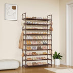 LANTEFUL Tall Shoe Rack 10 Tier Shoe Organizer Large Shoe Shelf with 18 Hooks Storage for 50 Pair Sneaker and Boot, Stackable Vertical Shoe Rack Organizer for Closet, Entryway, Bedroom, Brown - Image 2