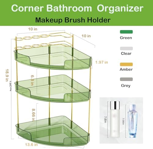 FELIZHOUSE 3-Tier Makeup Organizer for Vanity & Bathroom Countertop – Acrylic Storage Shelf with Perfume Tray & Makeup Brush Holder, Tool-Free Installation, Design for Bathroom & Dresser - Green - Image 2