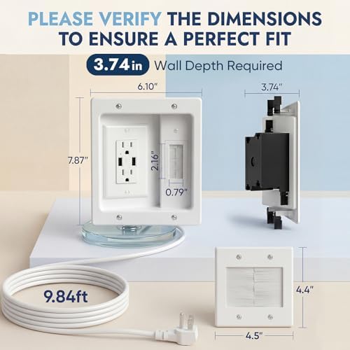 in-Wall Cable Management Kit, Recessed TV Outlet Box with Dual AC + 2 USB Ports, 9ft Power Cord, Wall Cable Hider Pass Through, TV Cord Concealer for Wall Mounted TV, Home Theater - Image 3