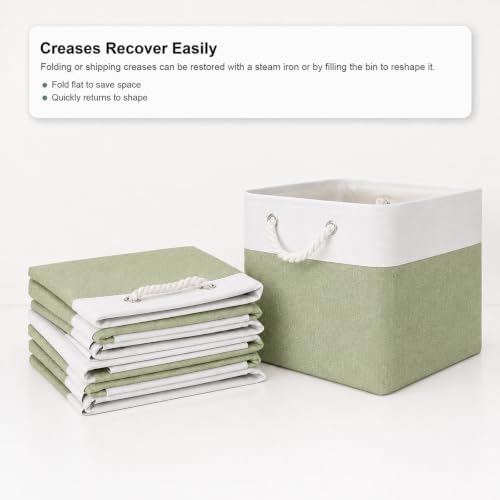 11x11 Inch Cube Storage Bins, 8 Pack Collapsible Fabric Storage Cubes with Rope Handles, Waterproof Foldable Storage Baskets for Cube Shelves, Closet, Clothes, Toys, Books, White & Green - Image 5