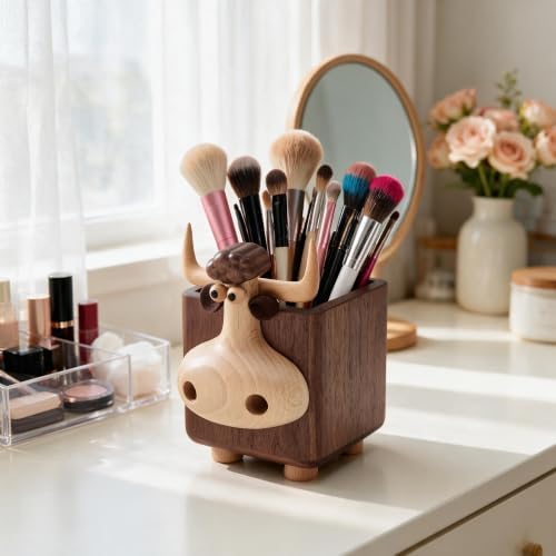 Wood Pencil Holder Cute Pen Holder Bull Desk Organizer Makeup Brush Holder - Image 6