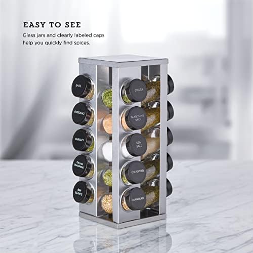 Kamenstein 20 Jar Heritage Revolving Countertop Spice Rack Organizer with Spices Included, FREE Spice Refills for 5 years, Brushed Stainless Steel with Black Caps - Image 6