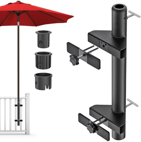 Dolibest Heavy-Duty Patio Umbrella Holder, Deck Mount Umbrella Holder & 3 Sleeves Fits 1-1.9" Poles, Outdoor Umbrella Railing Mount, Attaches to Railing Maximizing Outdoor Patio Space & Shade, Black by Dolibest