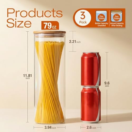 79oz Tall Glass Pasta Storage Containers with Airtight Bamboo Lids, 3 Pack - Image 3