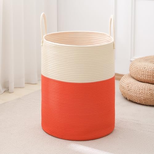 Woven Laundry Hamper Tall Rope Storage Basket for Blanket oys Dirty Clothes in Living Room Bathroom Bedroom (White&Orange, 60L/15.8Gal) by AMTOTAM