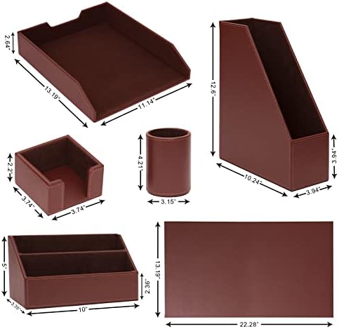6 Piece Office Supplies/Desk Organizer Set with Desktop Leather Writing Pad,File Paper Tray,Magazine folder Holder, Pen Cup,Sticky Note Holder,Letter Mail Sorter,Workspace Decor for Women Men Brown - Image 7