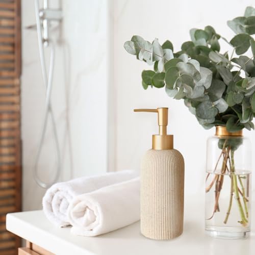 Boho Beige Bathroom Gold Bundle: Elegant 7oz Hand Soap Dispenser & Small Toothbrush Holder, Modern Farmhouse Style, Rust Proof, Unbreakable - Image 6
