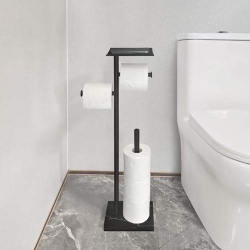 GZILA Toilet Paper Holder Stand with Shelf, Marble Base Free Standing Toilet Paper Double Roll Holder Dispenser, SUS 304 Stainless Steel Storages 5 Reserve Rolls Matte Black - Image 4