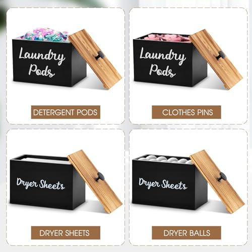 Dandat 2 Pcs Wood Rustic Laundry Dryer Sheet Holder Pod Container with Lid 8.7 x 6.3 x 6.4 Inch Laundry Pod Holder 7.3 x 3.7 x 5 Inch Dryer Sheet Dispenser Wooden Box Container(Black) - Image 3